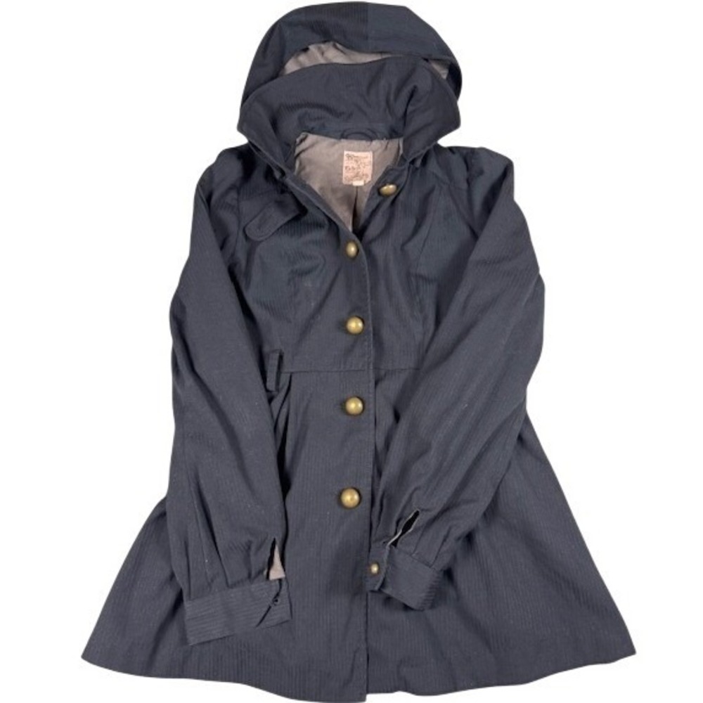 Tulle Trench Coat Womens Small Black Hooded Button Up Flared Striped Jacket